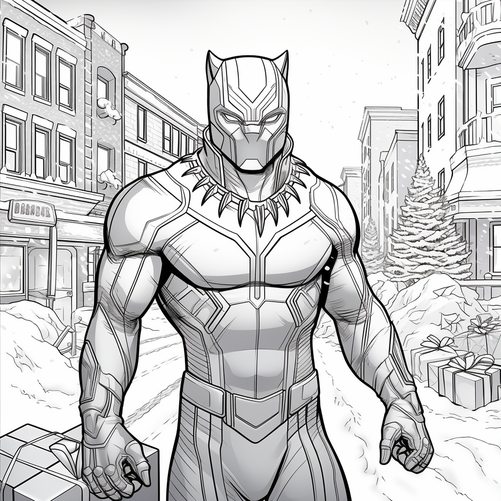 Black Panther wearing Christmas hat opening presents