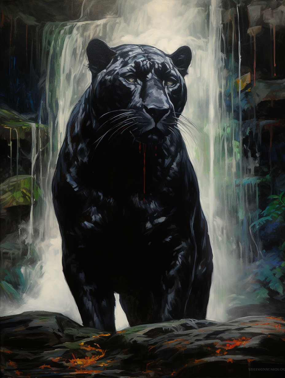 Beautiful black panther artwork under a waterfall