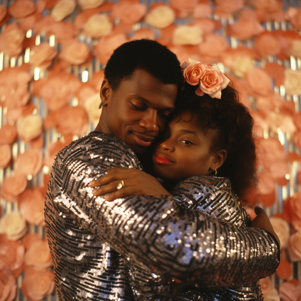 Two young Black people hugging against a Tiger sequins background