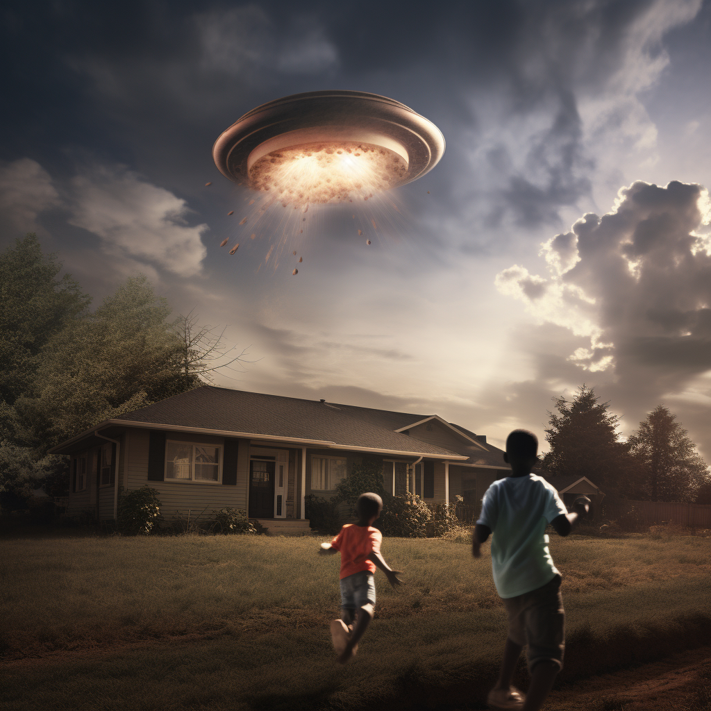 Black people fleeing from UFO-shaped smoke detector