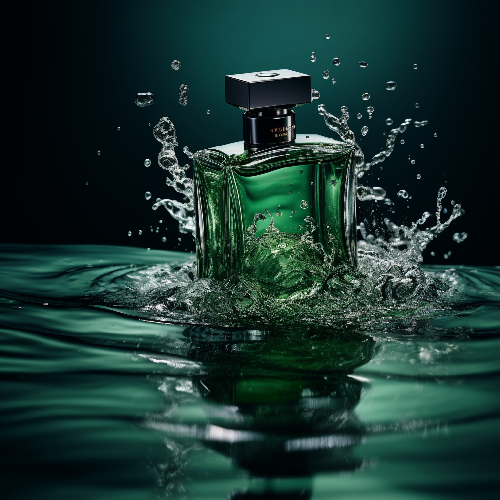 Black perfume drowning in dark green water