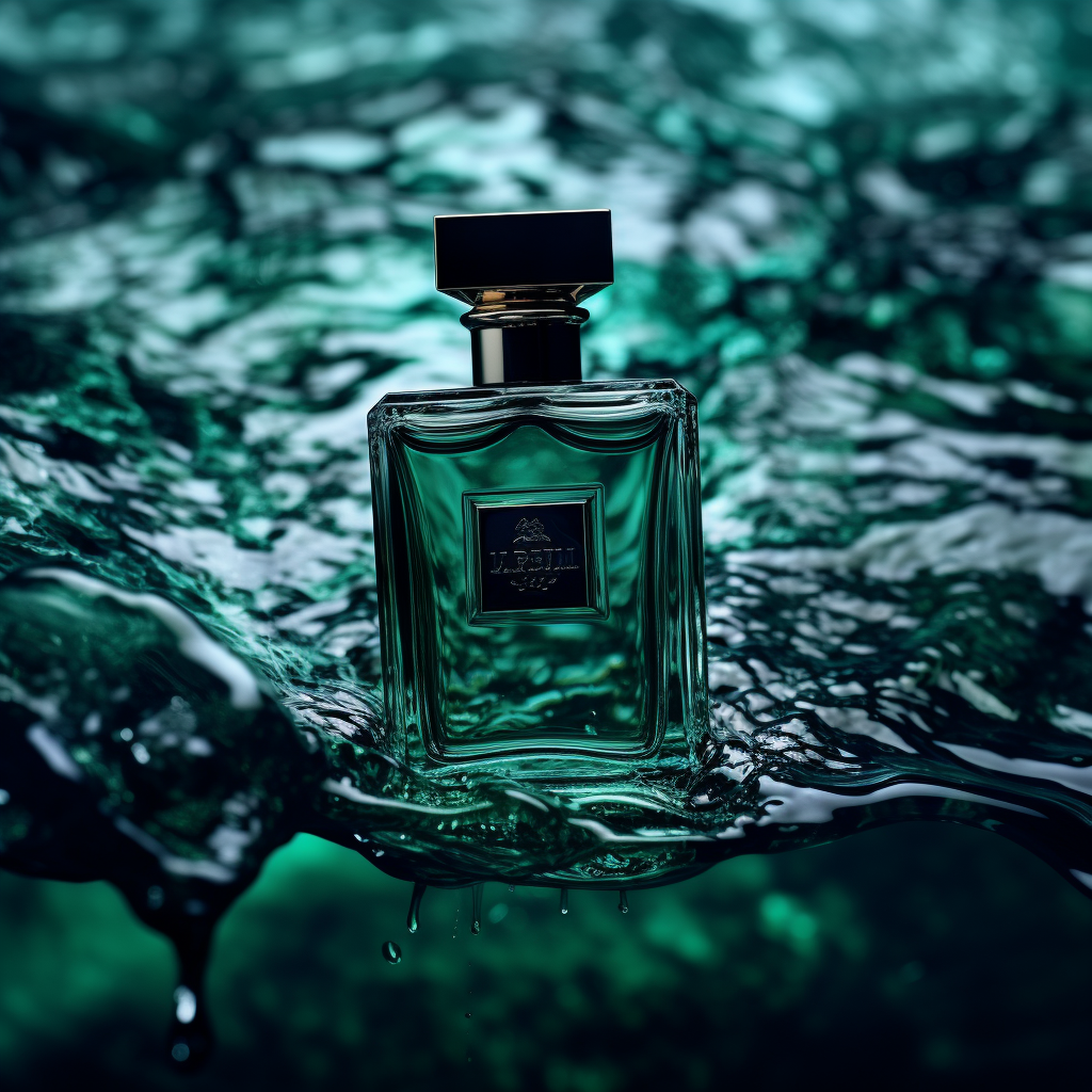 Perfume bottle on dark green water