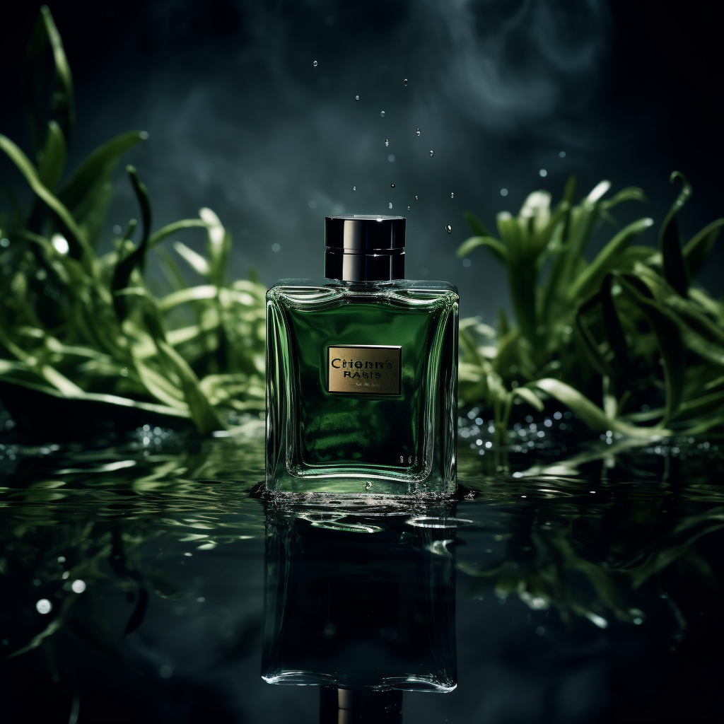 Black perfume on dark green water