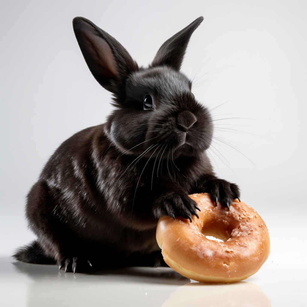 Cute black pet rabbit enjoying a cinnamon roll