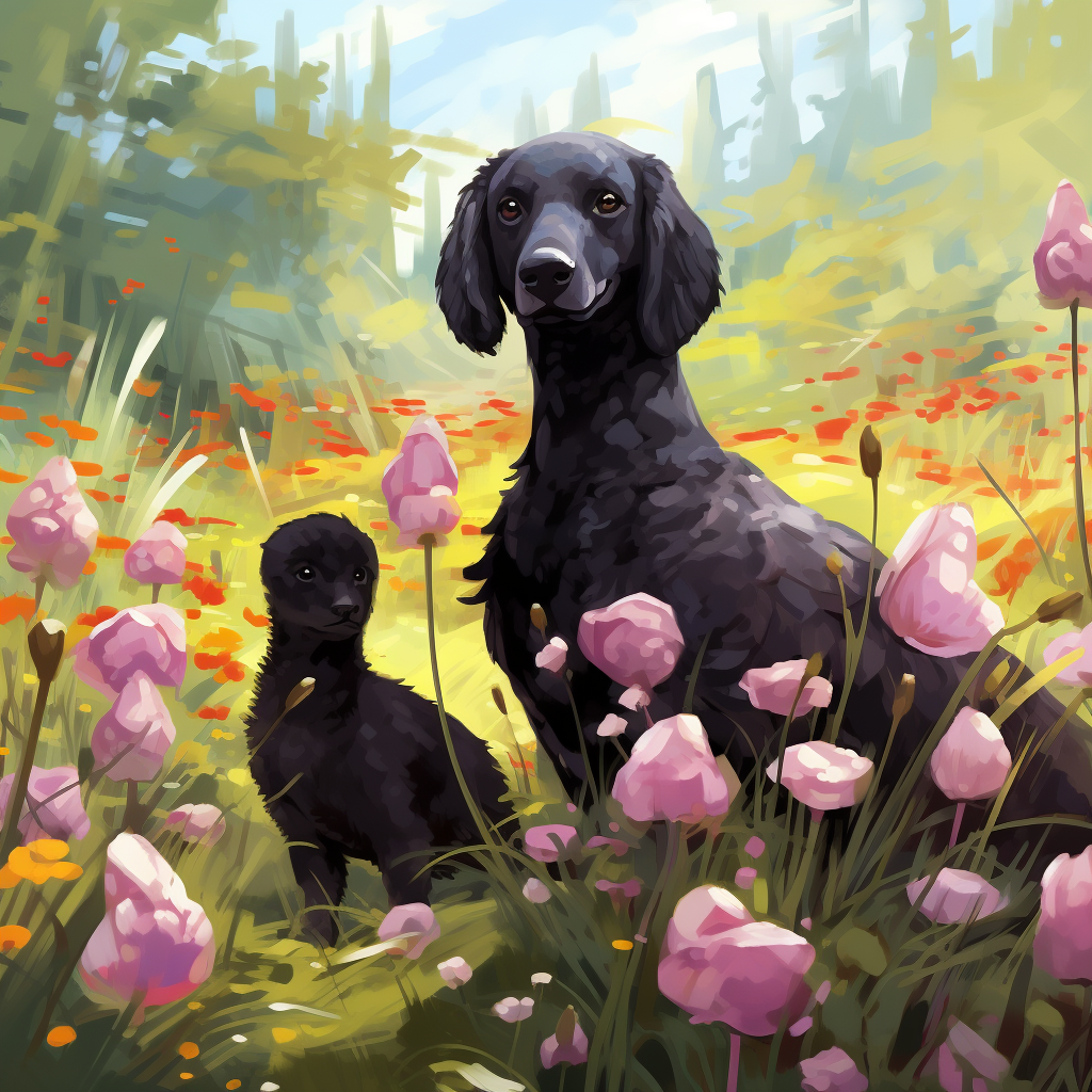 Black Poodle and Goose in Flower Field