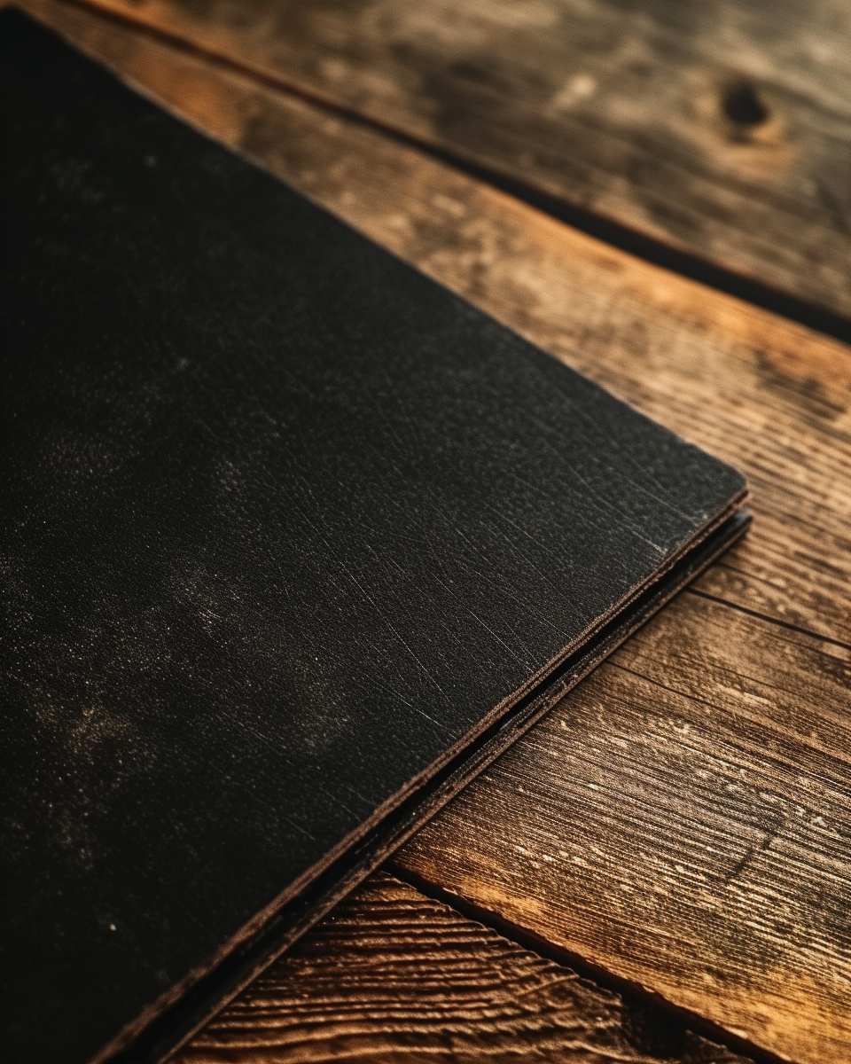 Black postcard on wooden table