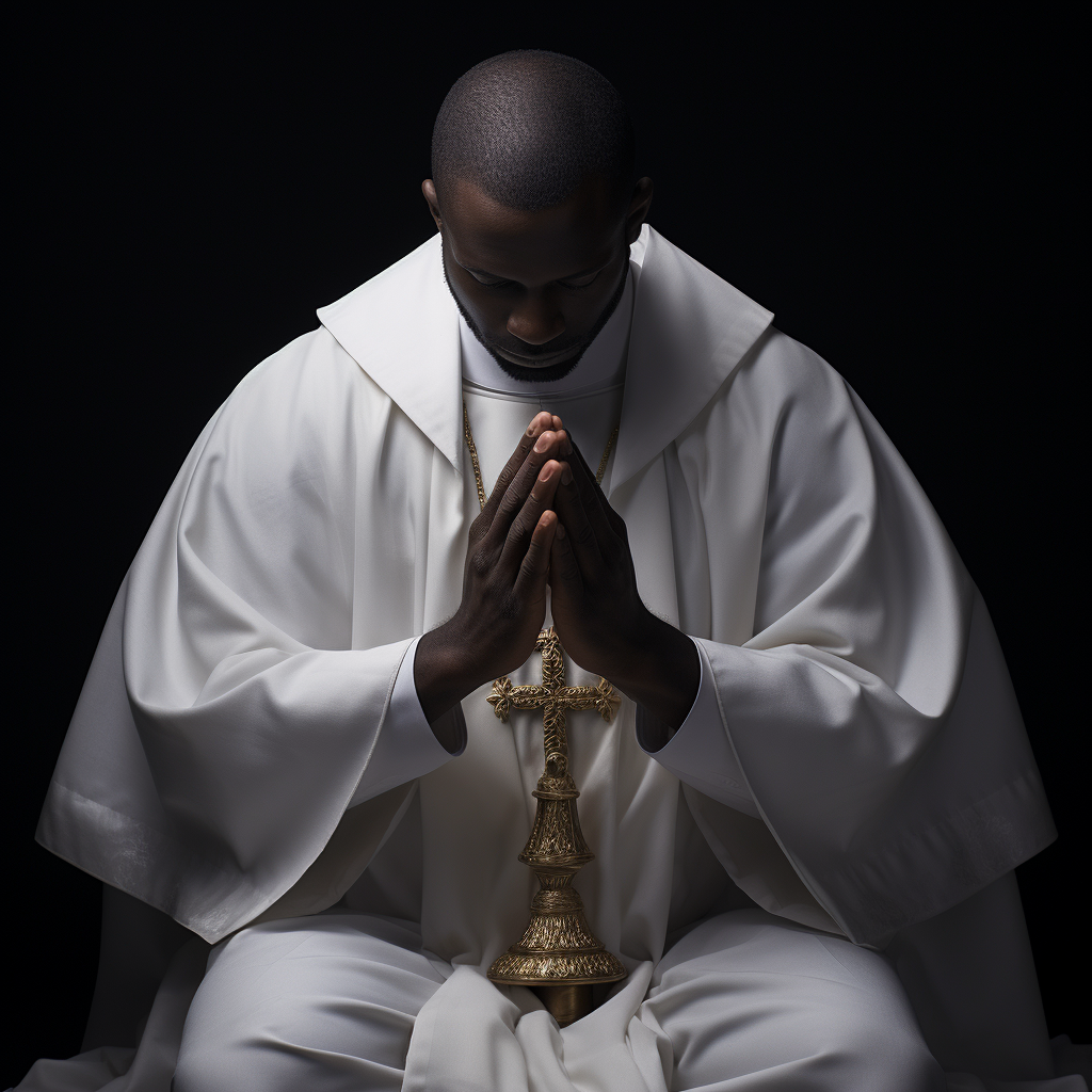 Black priest praying with clasped hands