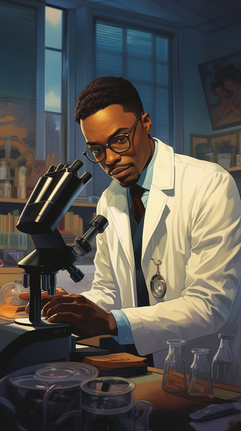 Black professor holding a microscope in lab