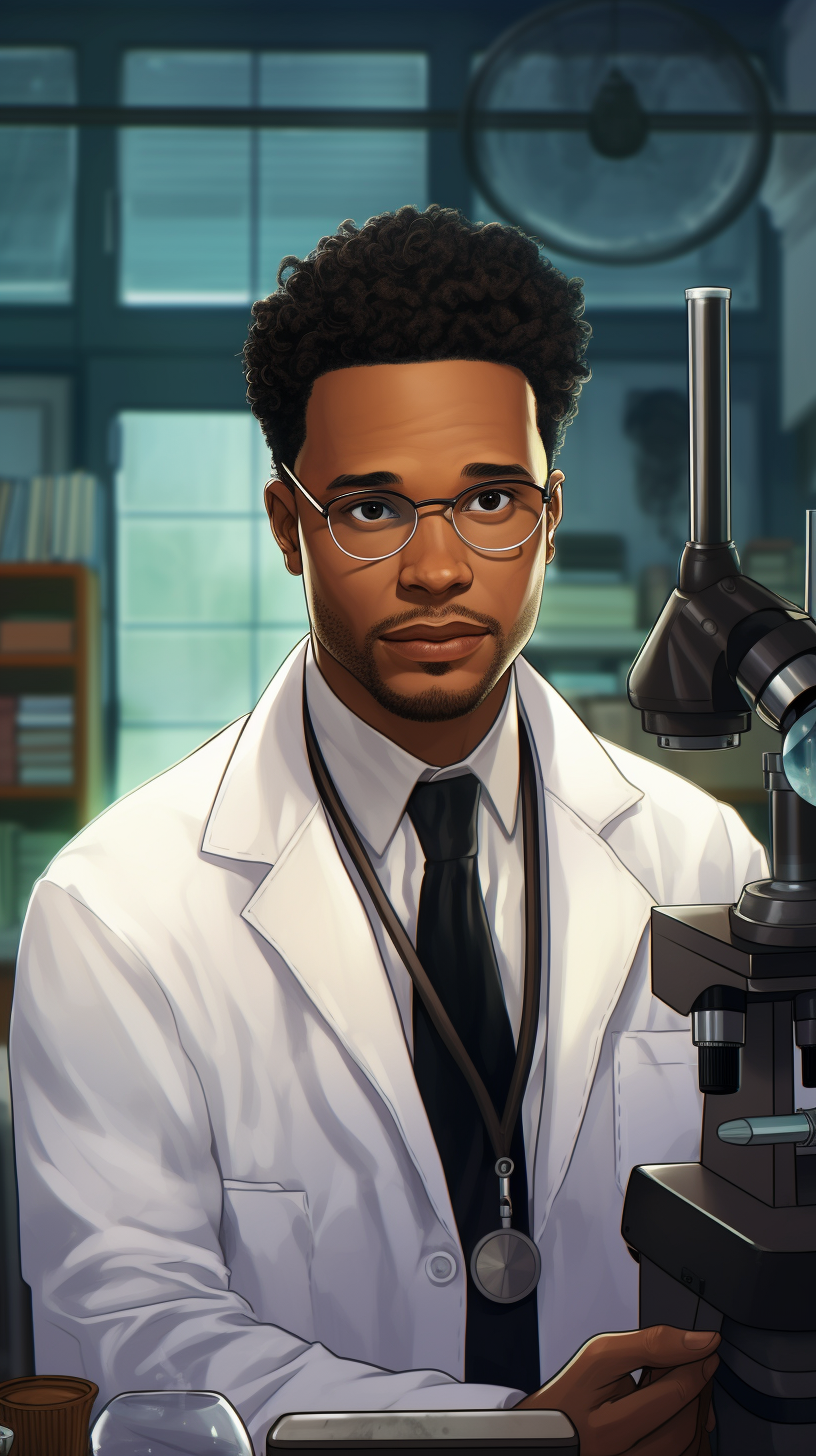 Black professor examining microscope in lab