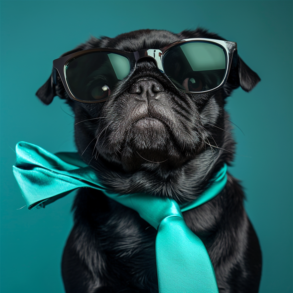 Black pug dog with spy sunglasses and tie