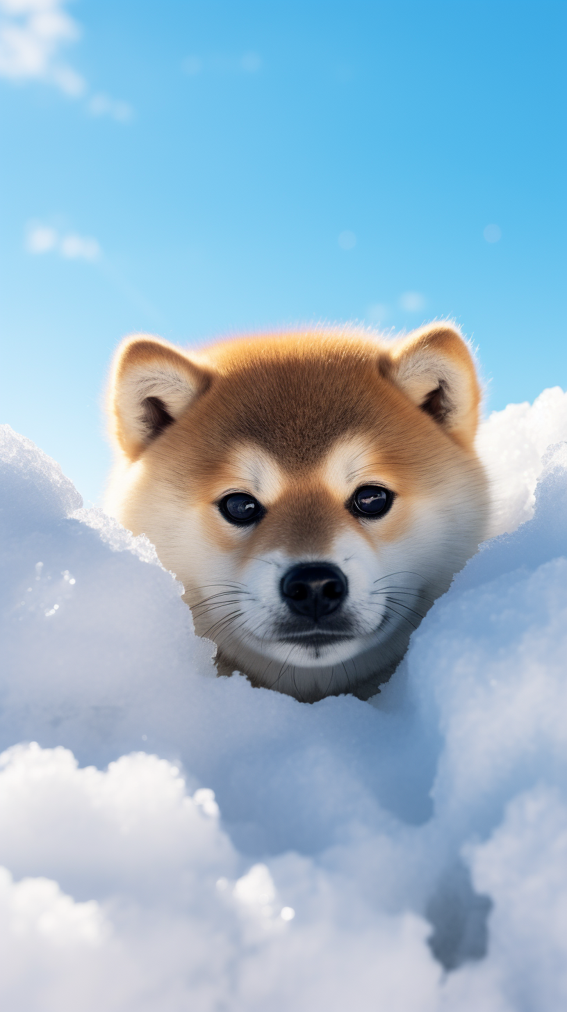 Black puppy Shiba dog peeking in snow