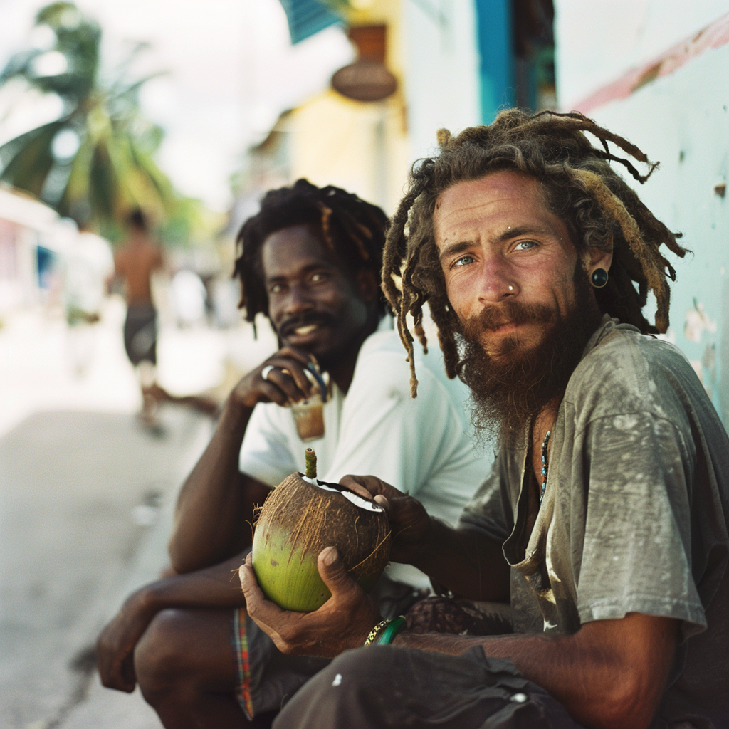 Rasta man coconuts village friends