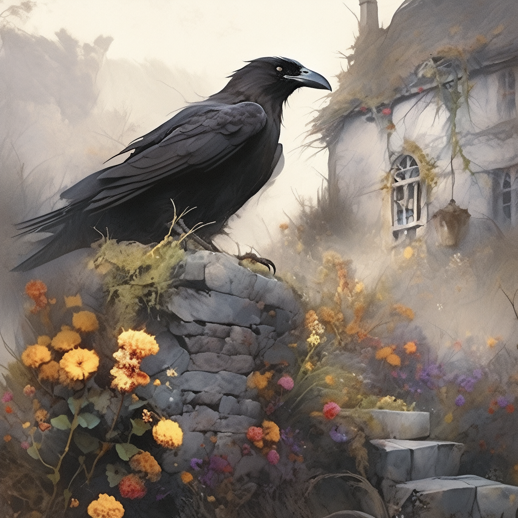 Black raven guarding eerie cottage