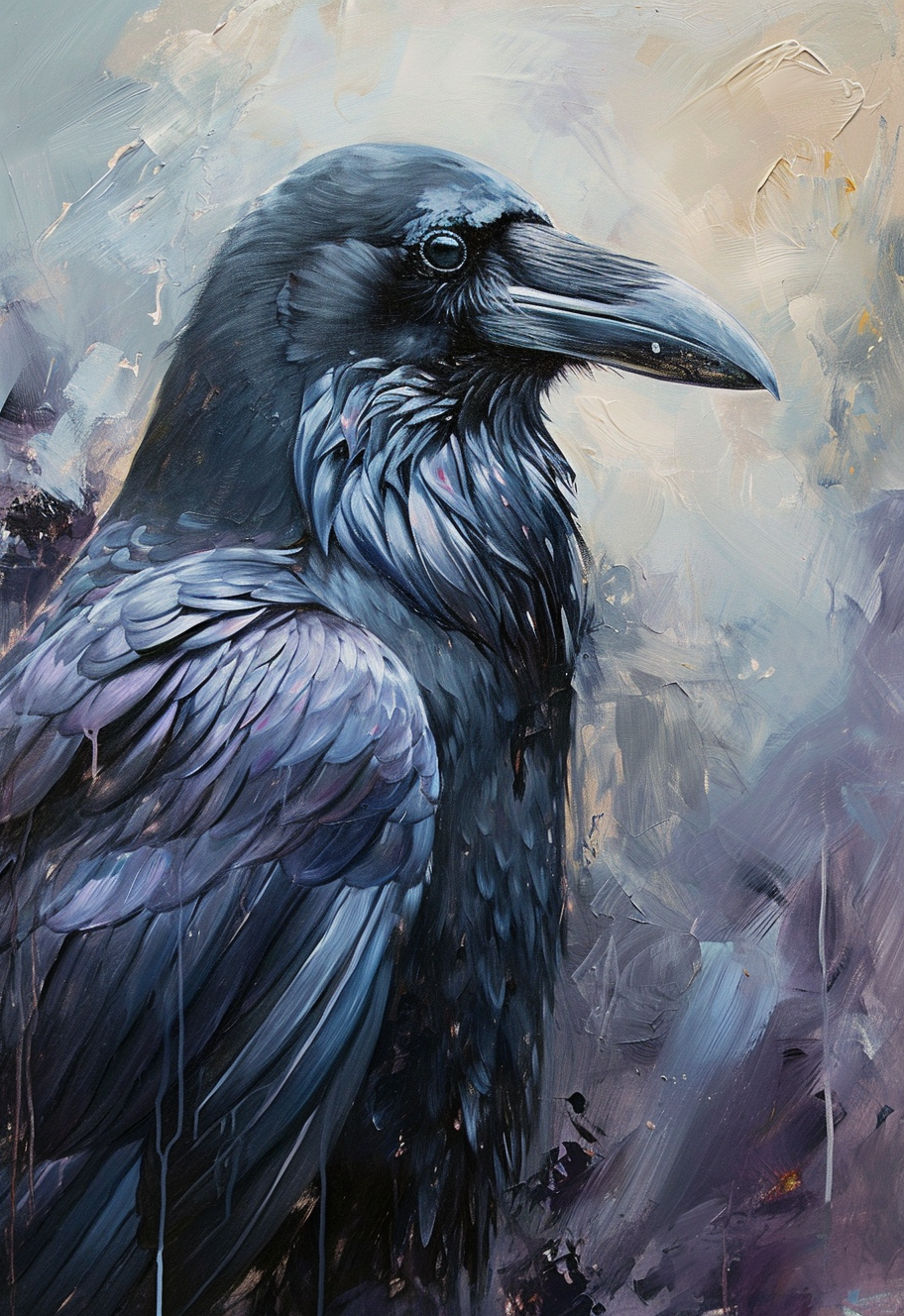 Detailed oil painting of a black raven