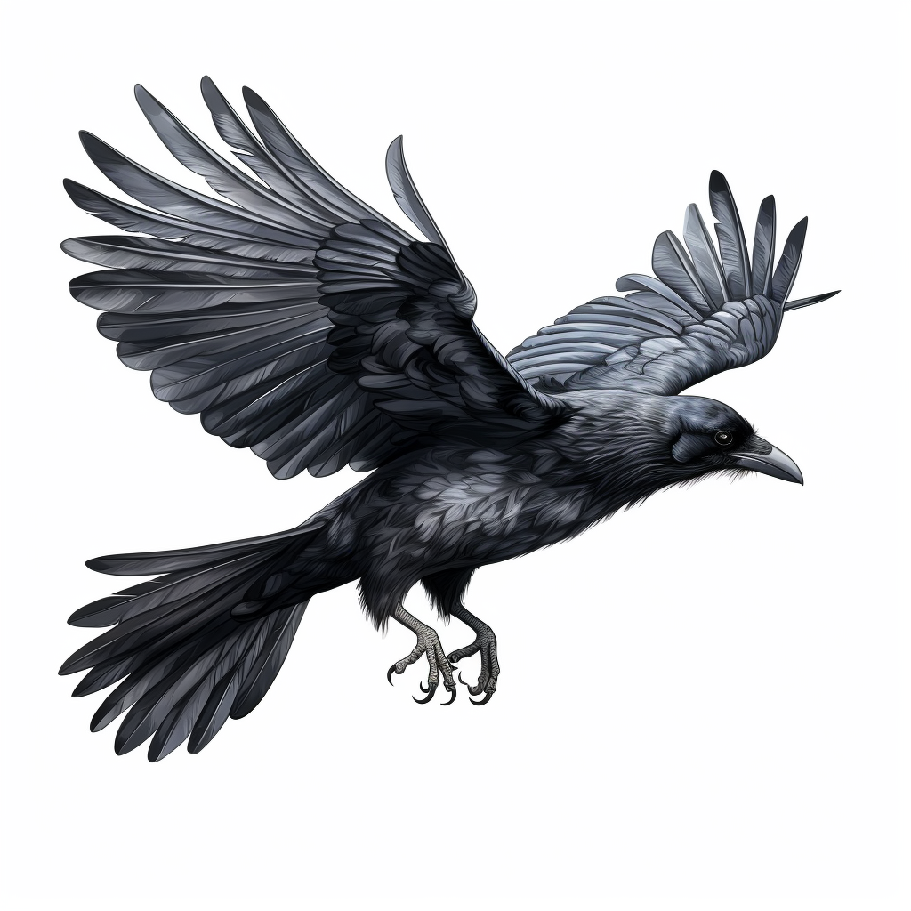 Black raven flying on white background