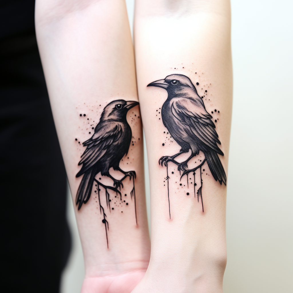 Black ink wrist tattoo of ravens