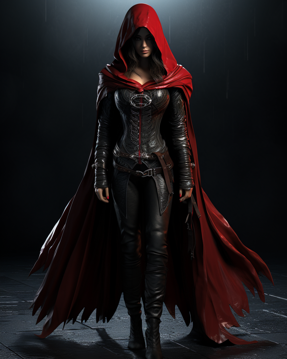 Elegant female assassin in black and red cloak