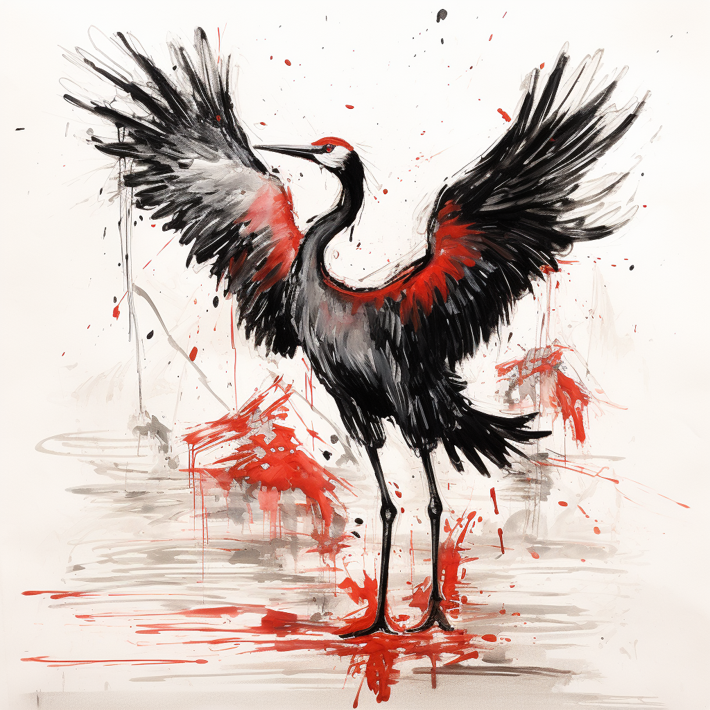 Whimsical black and red ink crane art