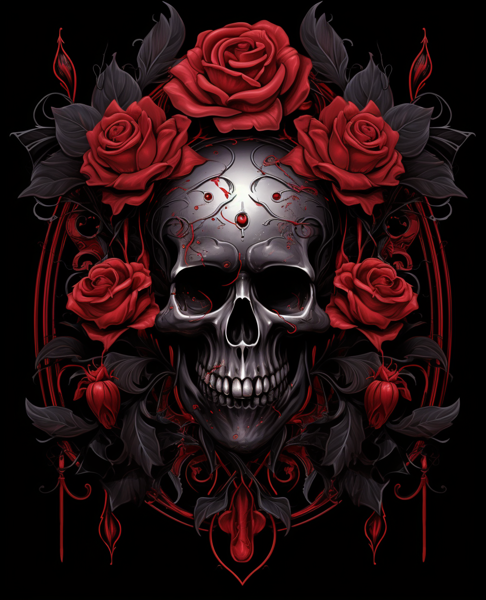 Black and red roses with macabre skull