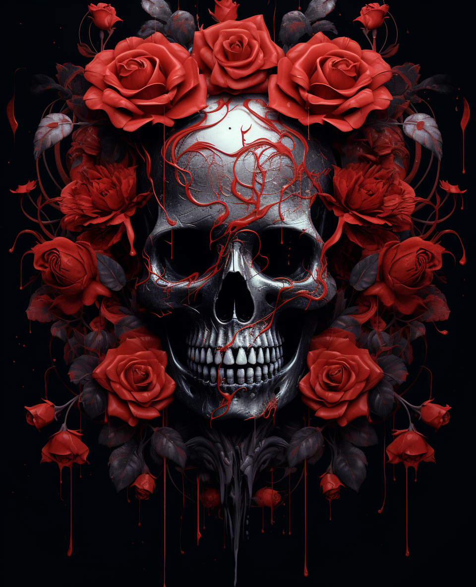 Intricate black and red roses with skull