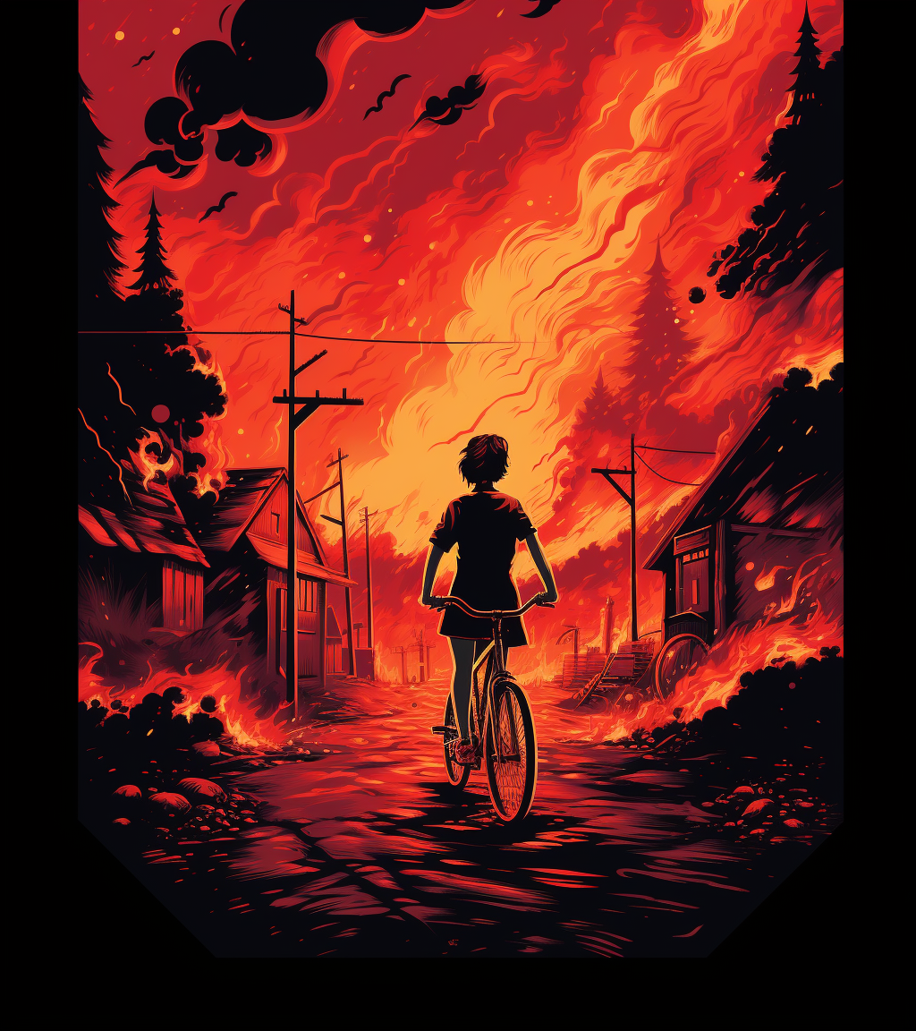 Illustration of woman holding a bicycle in a black and red shirt