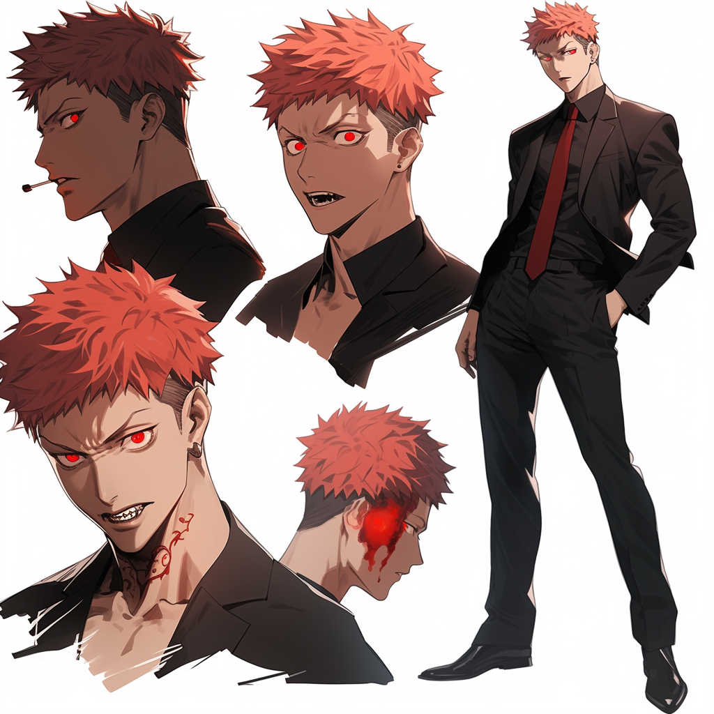 Intimidating boy in black and red suit