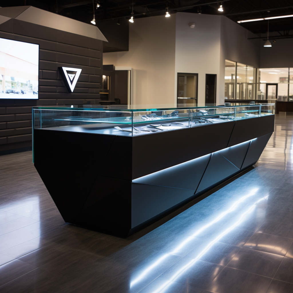 Black retail service counter with full vision display case