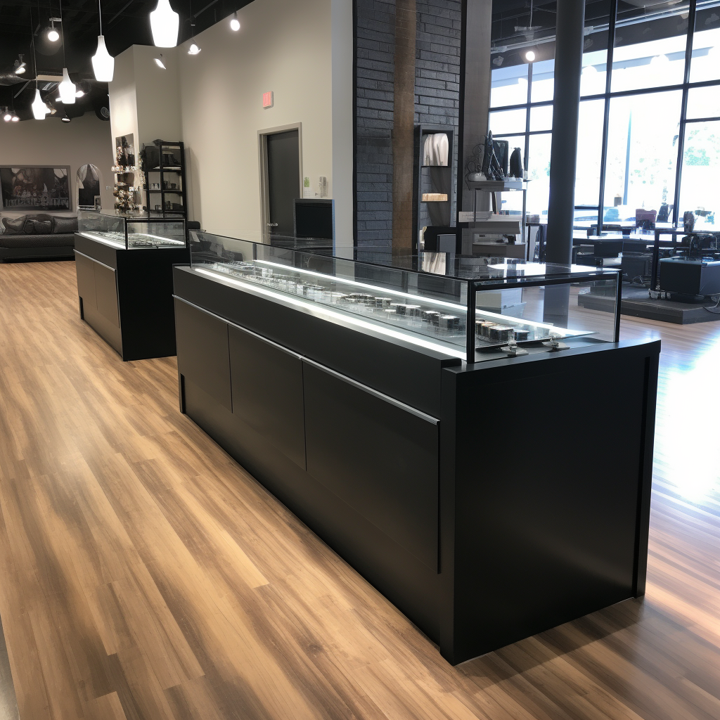 Black retail service counter with full vision display