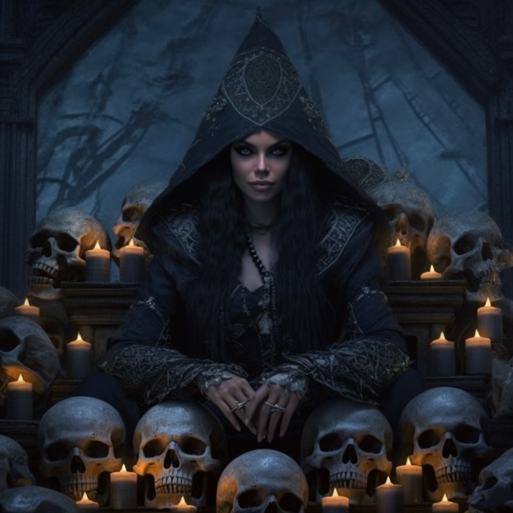 Beautiful black-robed necromancer woman with long black hair