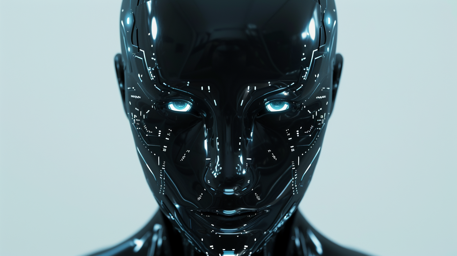 Black robot with glowing computer circuits on face