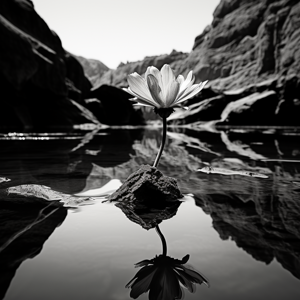 Black rock with exotic flower and face de León