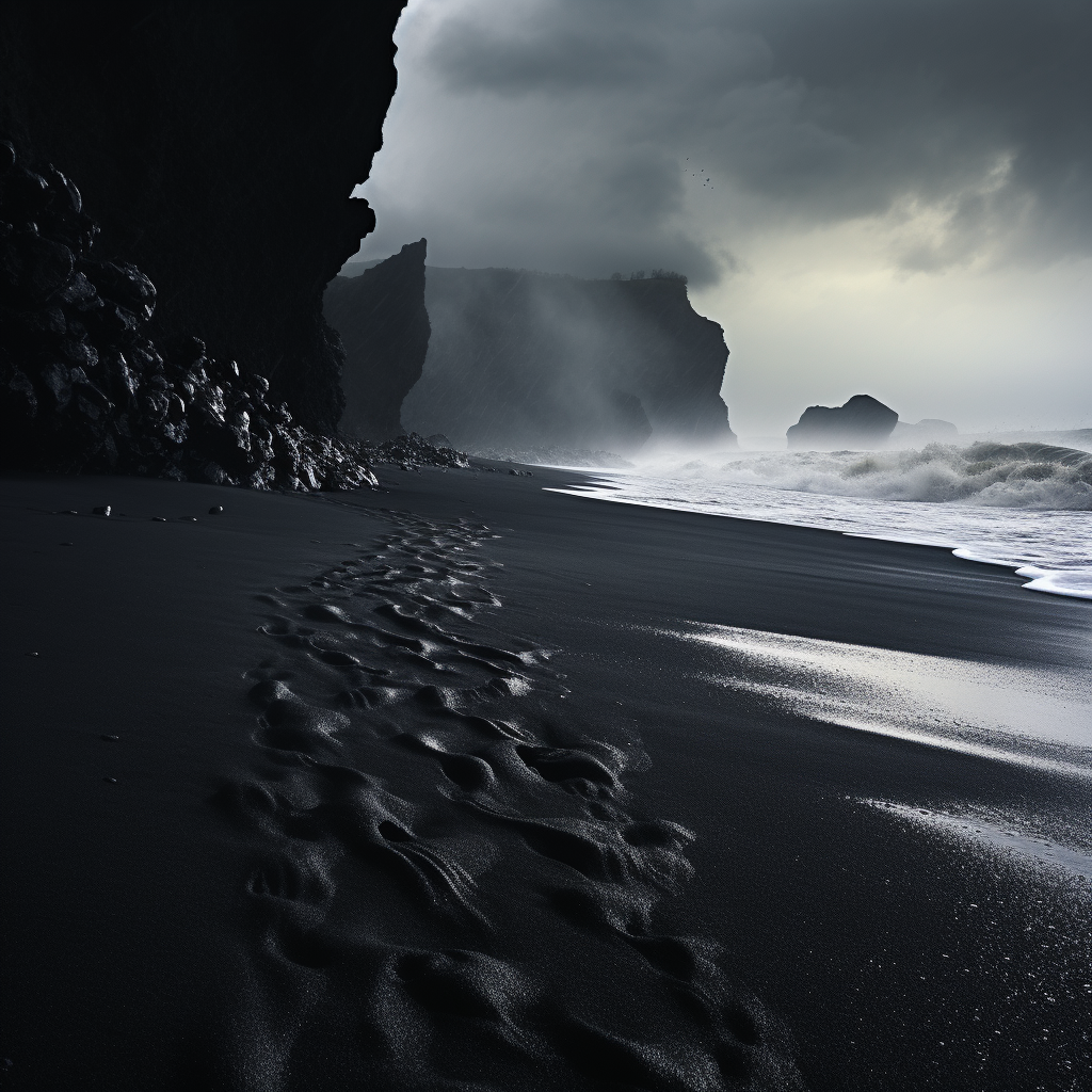 Scenic black sand beach landscape