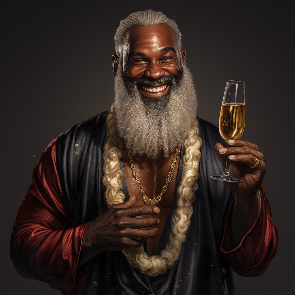 Confident Black Santa Claus with Champagne