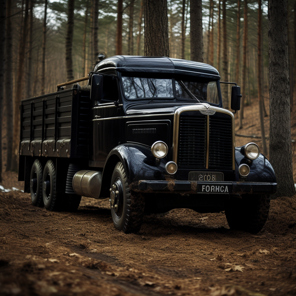 Black Scania truck in the forest