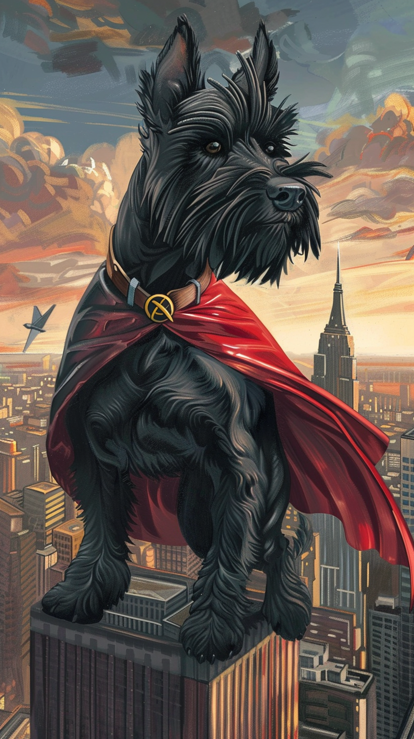 Black Scottie Dog Superhero Pose