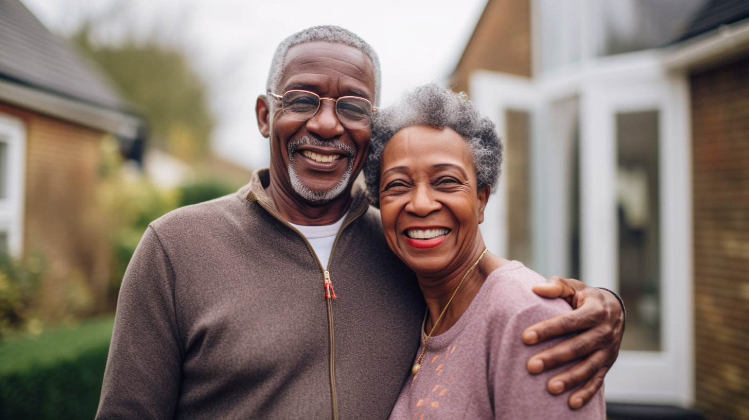 Happy black senior couple inside their house