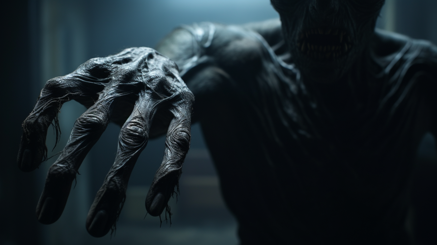 Close-up of black shadow monster's hand in room