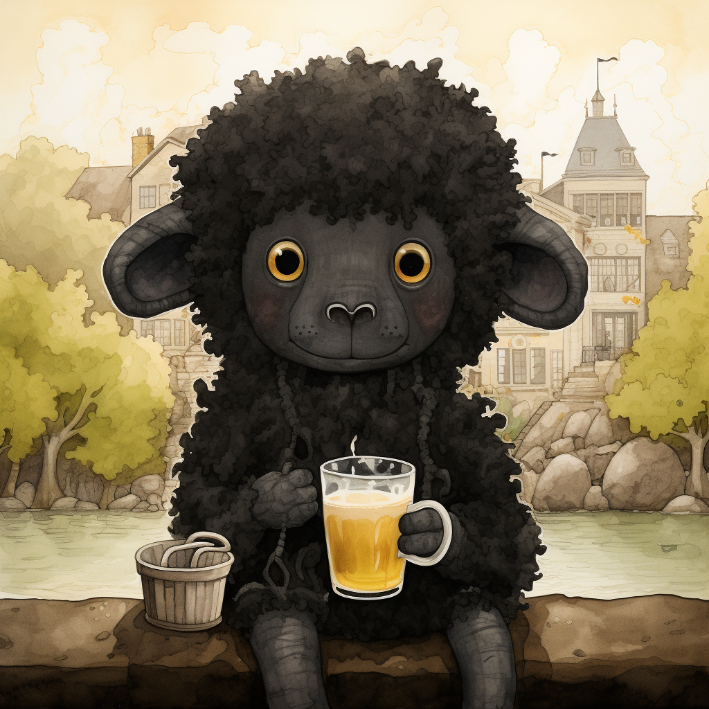 Playful black sheep enjoying a beer