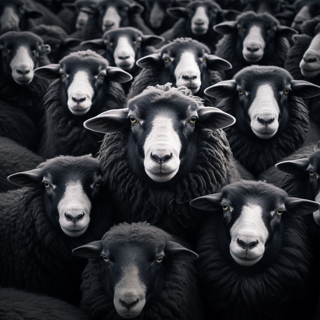 Black sheep surrounded by a herd on plain background