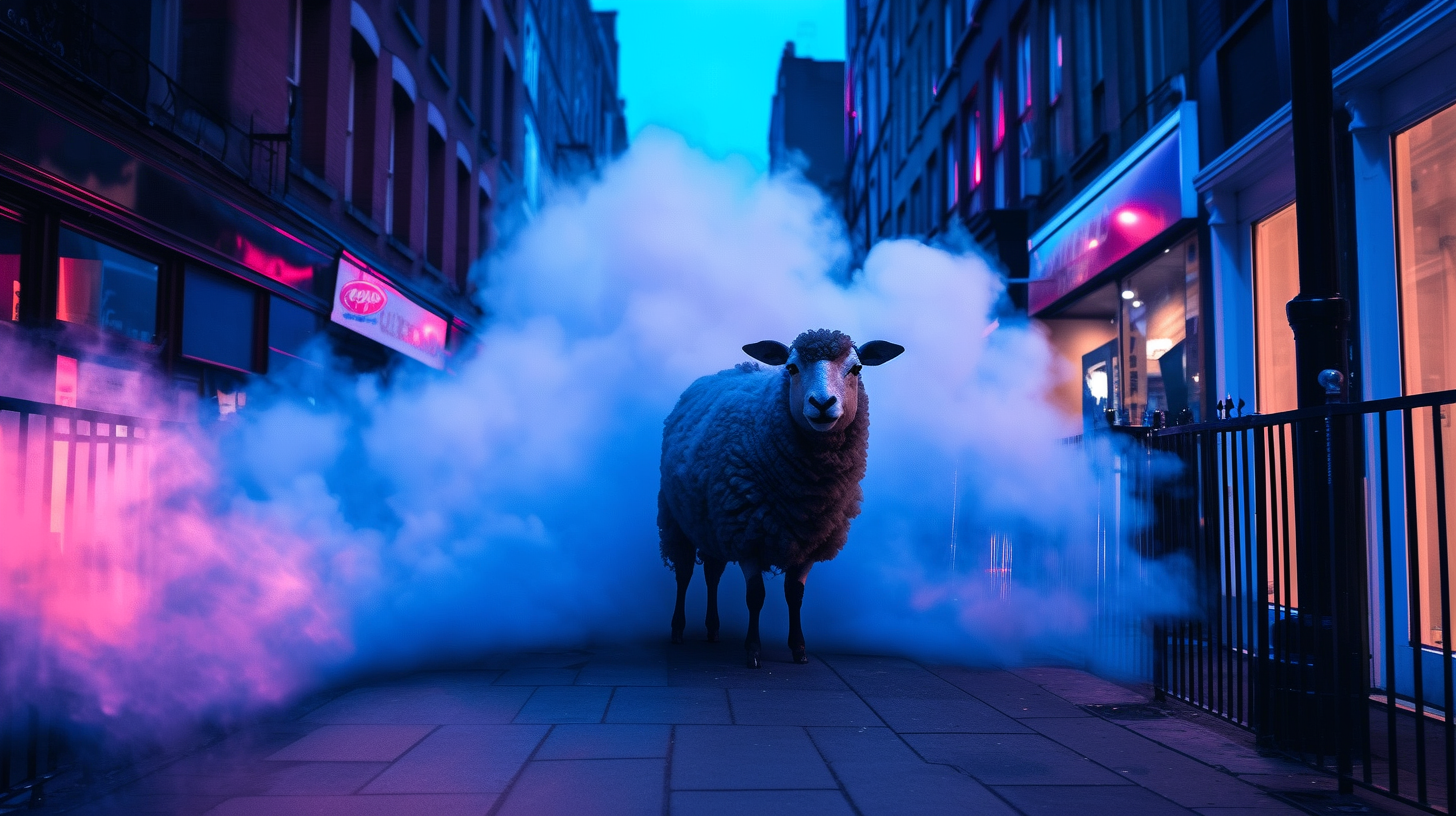 Black sheep walking on brightly lit Carnaby Street at dusk