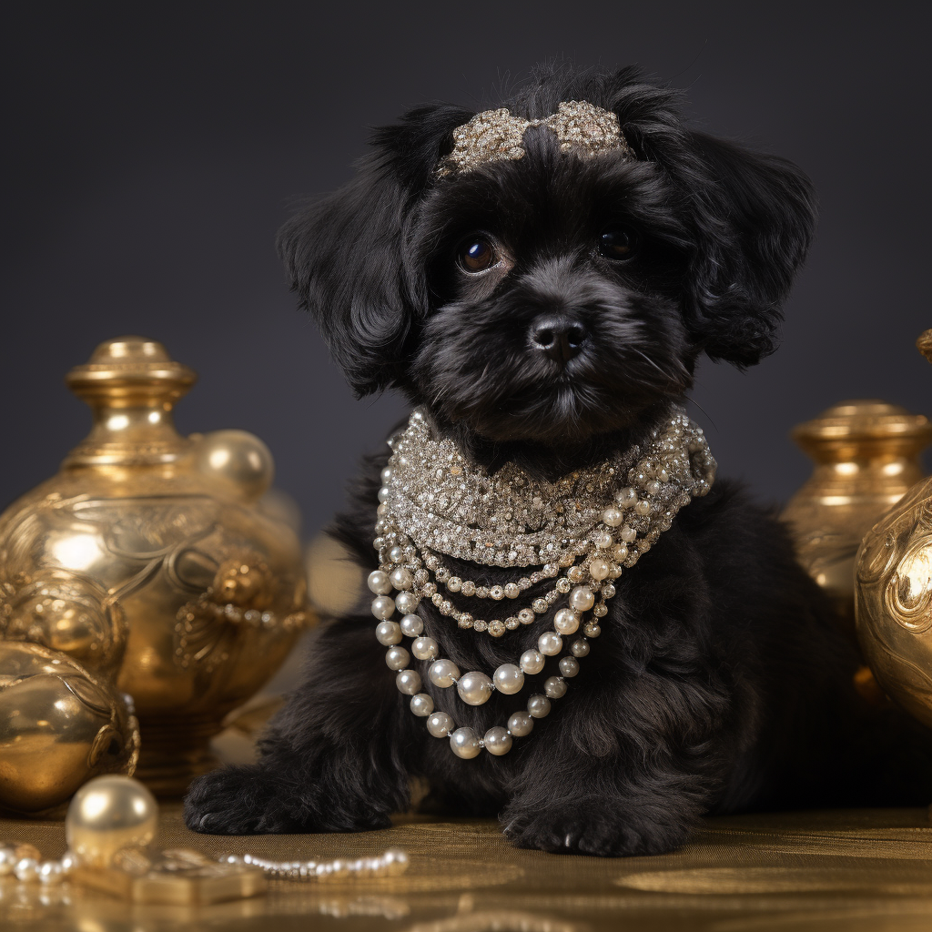 Stylish black shih tzu poodle mix with gold jewelry