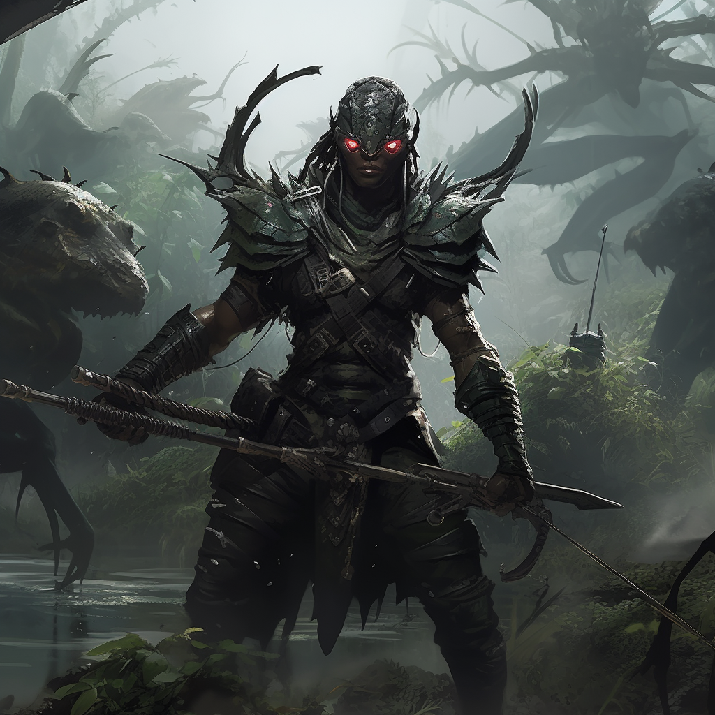 Dragonhumanoid ranger wields crossbow in swamp surrounded by dragonfly