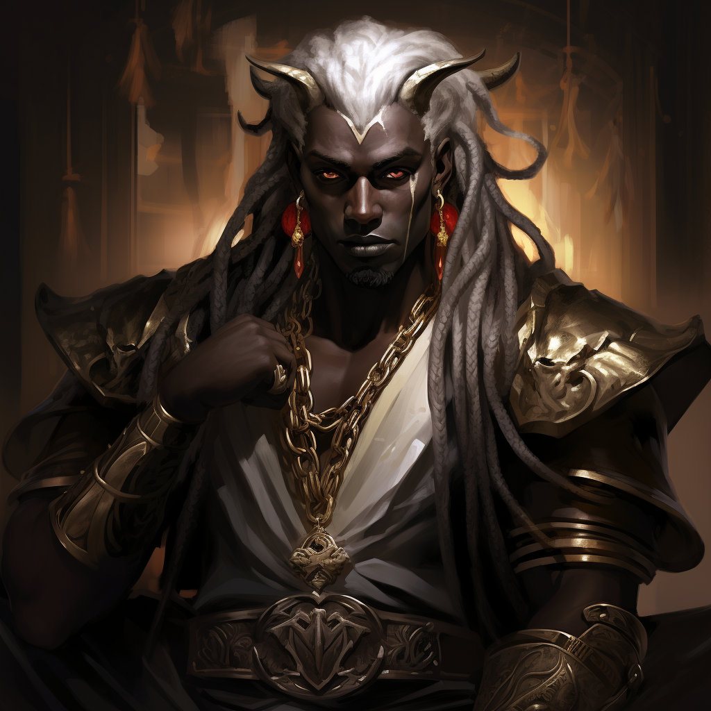 Black skinned male tiefling with gold-adorned horns