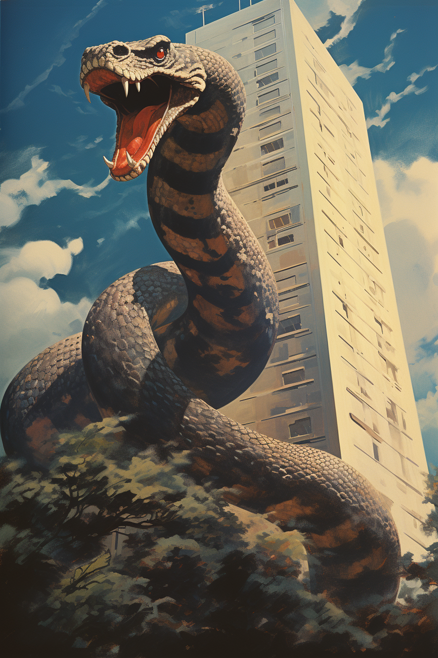 Retro pulp art of a black snake attacking a high rise