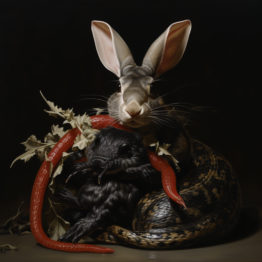 Black snake wrapping around a rabbit