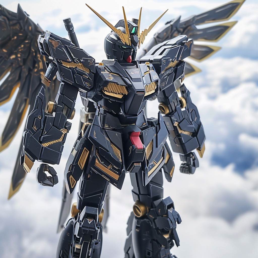 Black Spacegrey Gundam Figure on Clouds with Birds