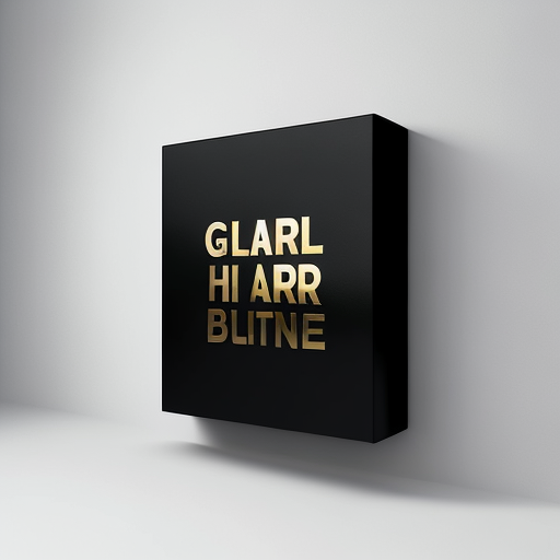 Black square acrylic with shiny gold lettering on white wall