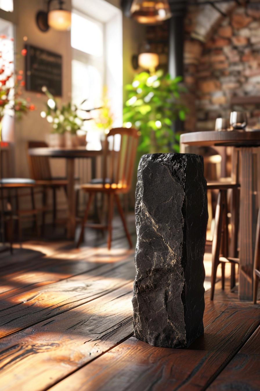 Black stone cylinder on wooden cafe floor