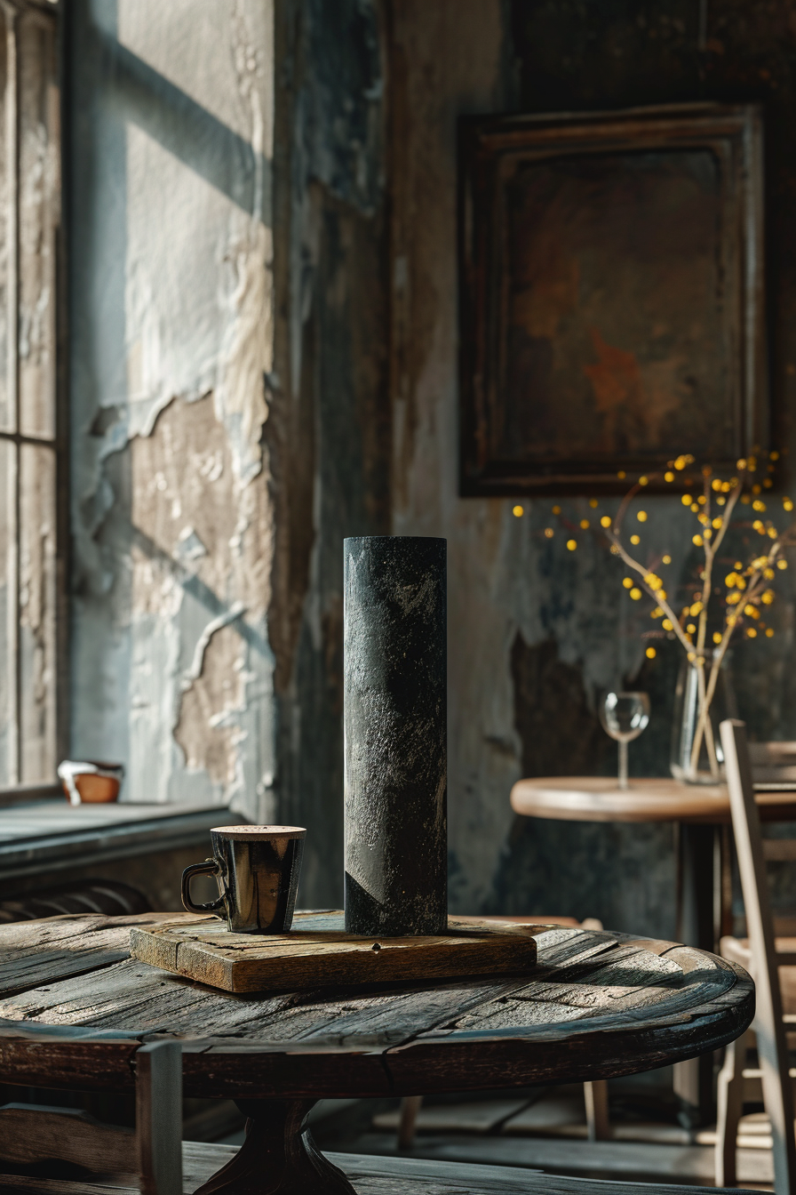 Black stone cylinder on wooden tray in cafe