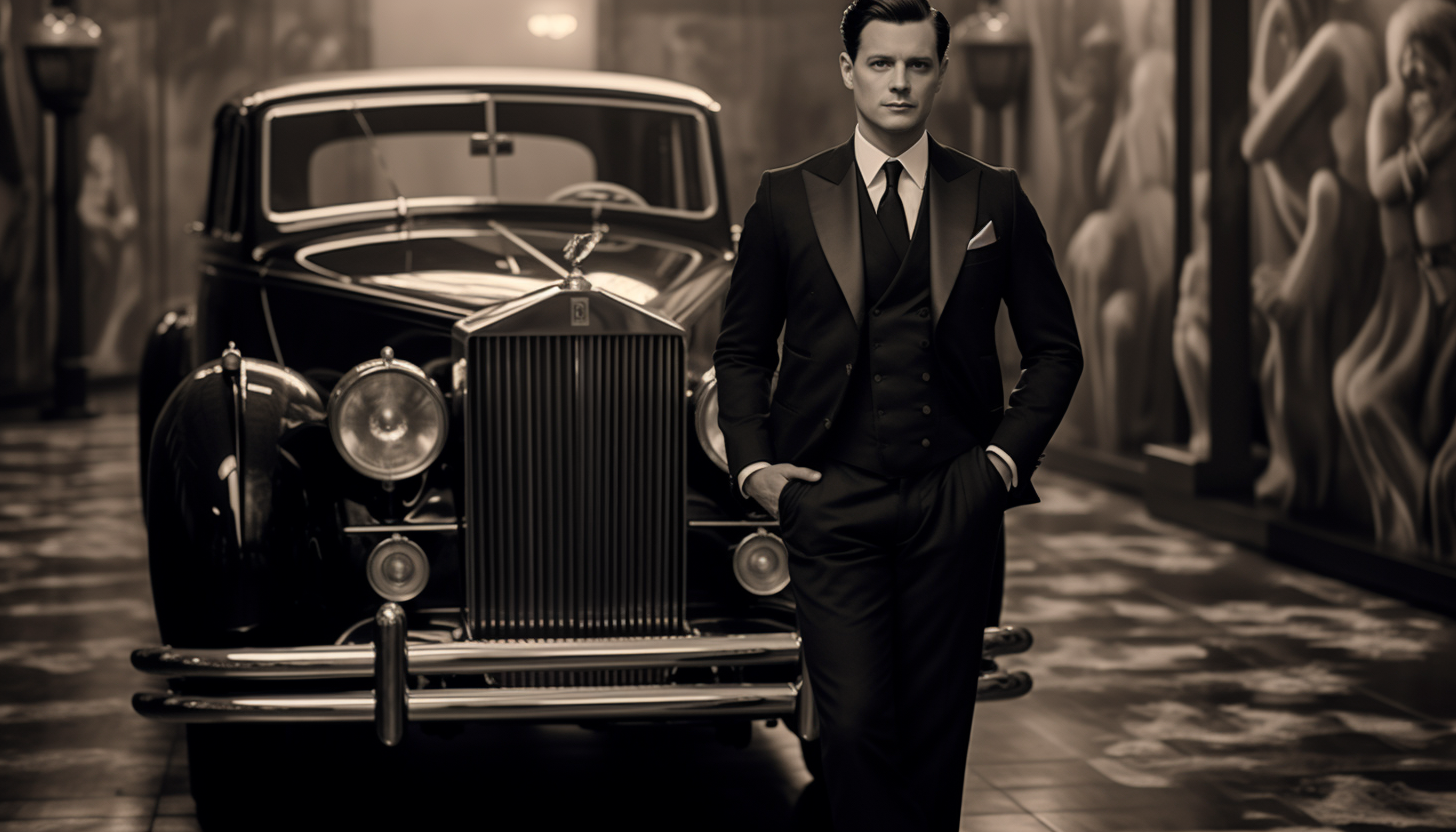 Elegant man in black suit driving luxury car